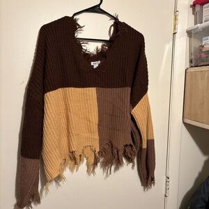 Rue21 Brown and Tan V-Neck Sweater with Frayed Hem